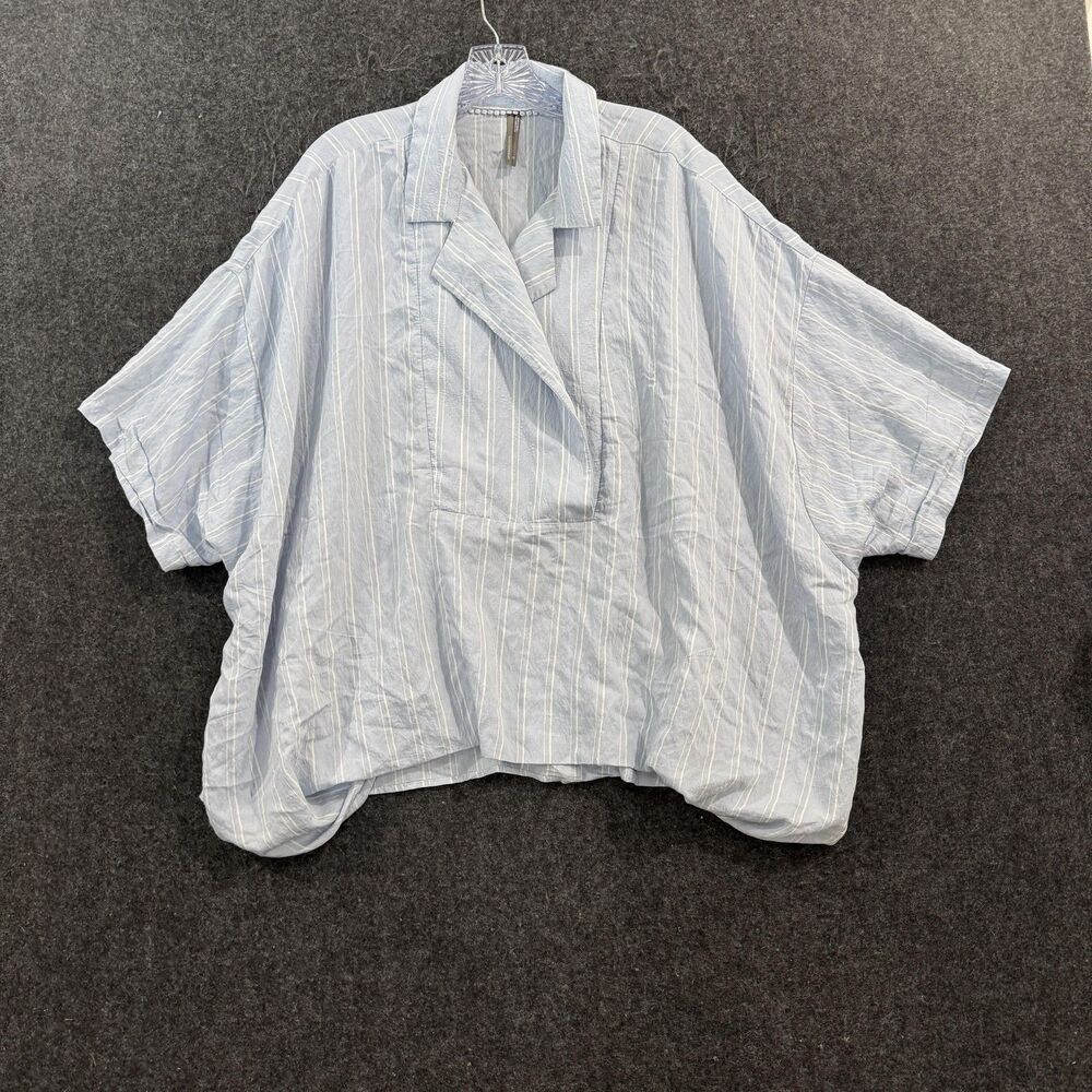 Anthropologie The Dylon Blouse Women's 1X Blue Striped Kimono Sleeve Collared